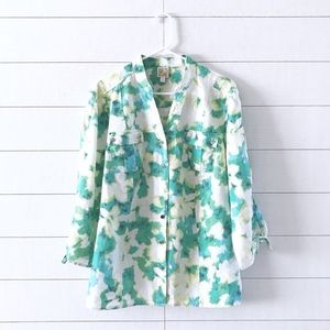 JM Collection Green White Button Front Linen Top